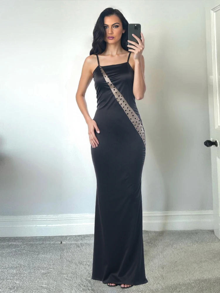 Kliou Sexy Mesh Patchwork Abito lungo Donna Collo basso Senza maniche Irregolare Backless Sera Prom Party Raso di seta Abiti eleganti