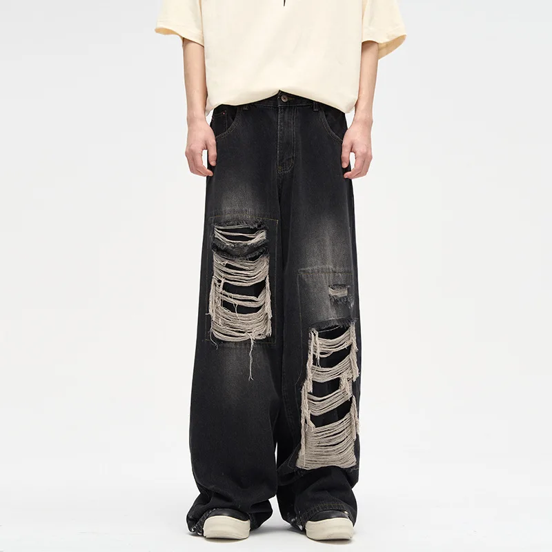 

Stylish Streetwear Patchwork Jeans Men Ripped Denim Jeans Hip Hop Baggy Straight Vintage Y2k Black Punk Casual Pants for Men 401
