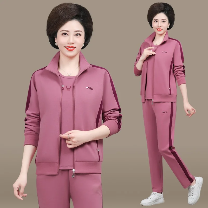 

Спортивный костюм для мам: повседневный комплект из двух предметов свободного кроя для женщин среднего возраста, весна-осень, большие размеры, на молнии, с длинными брюками