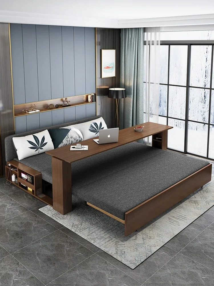 Sofa bed dual-purpose solid wood, foldable easy to sit and lie down, push-pull storage, living room small double