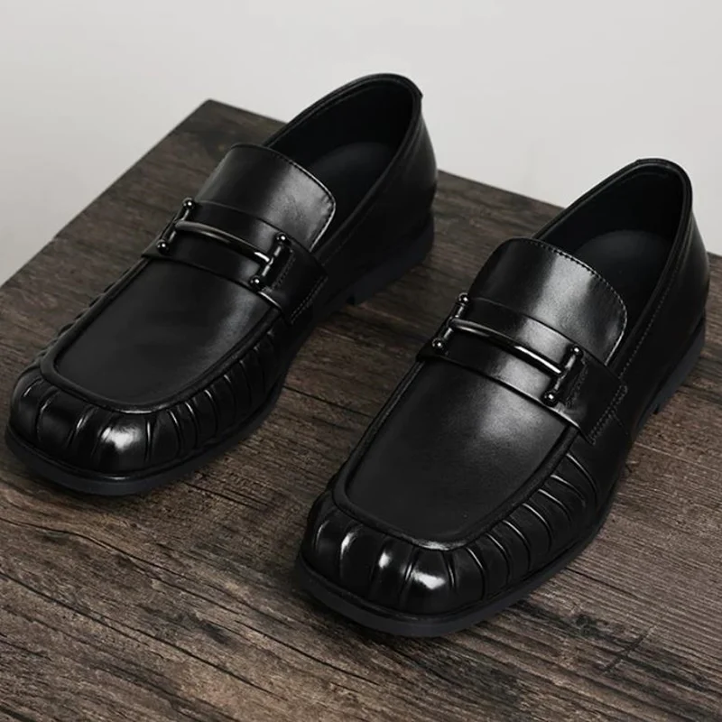 New Top-layer Cowhide Wrinkle Resistant Square-toe Buckle Shoes Men Business Casual Leather Shoes Men's Flats Dress Loafers