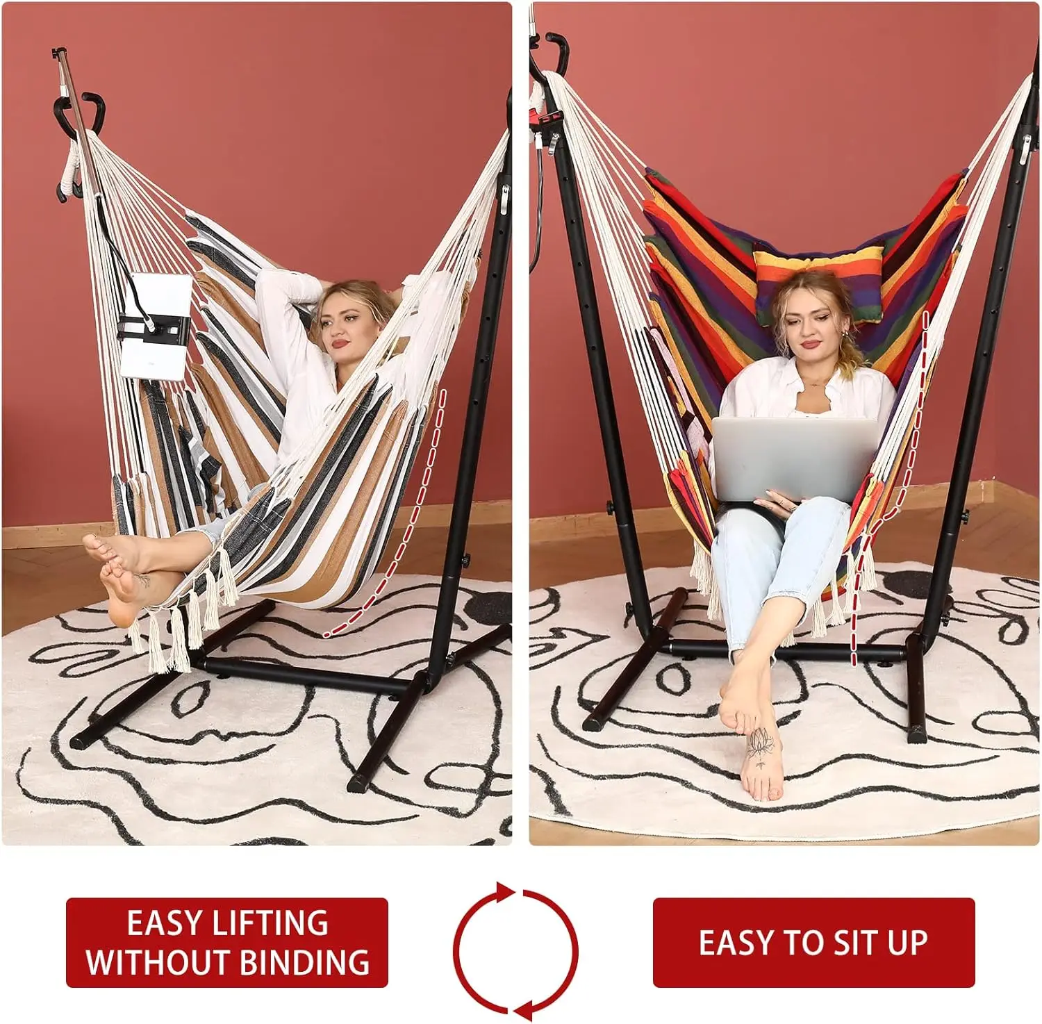 chair with stand double hammock chair bohemian style with tassel mobile phone support manual adjustable swing