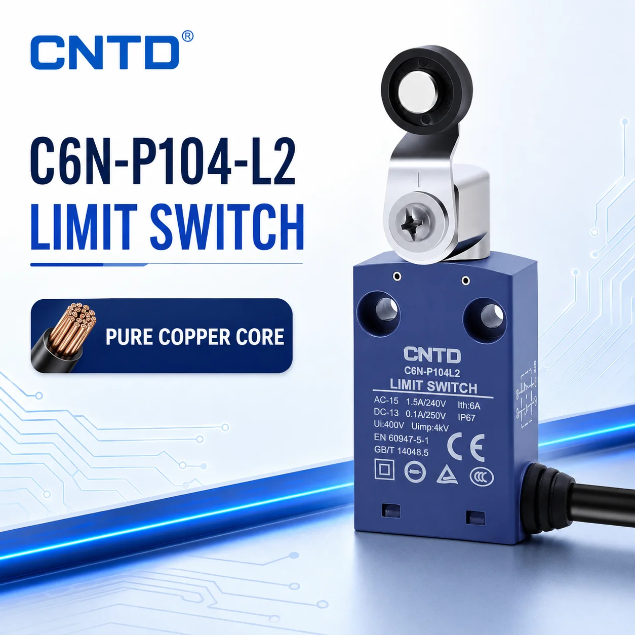 CNTD Travel Limit Switch C6N-P104 Resin Ball swing rod Actuator Self-reset Waterproof IP67 1m 2m 3m Cable Length silver contact