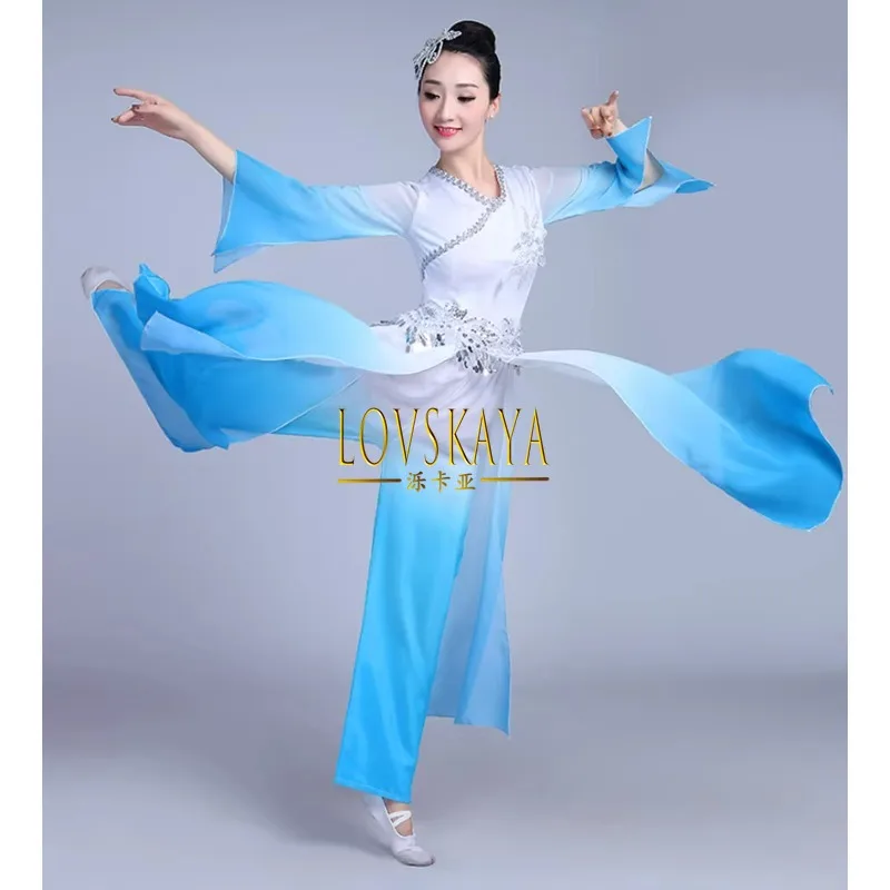 Feng Shui chinês Ink Dance Performance Traje para Mulheres, Dança Clássica, Traje Étnico Feminino, Traje de Prática, Ventilador