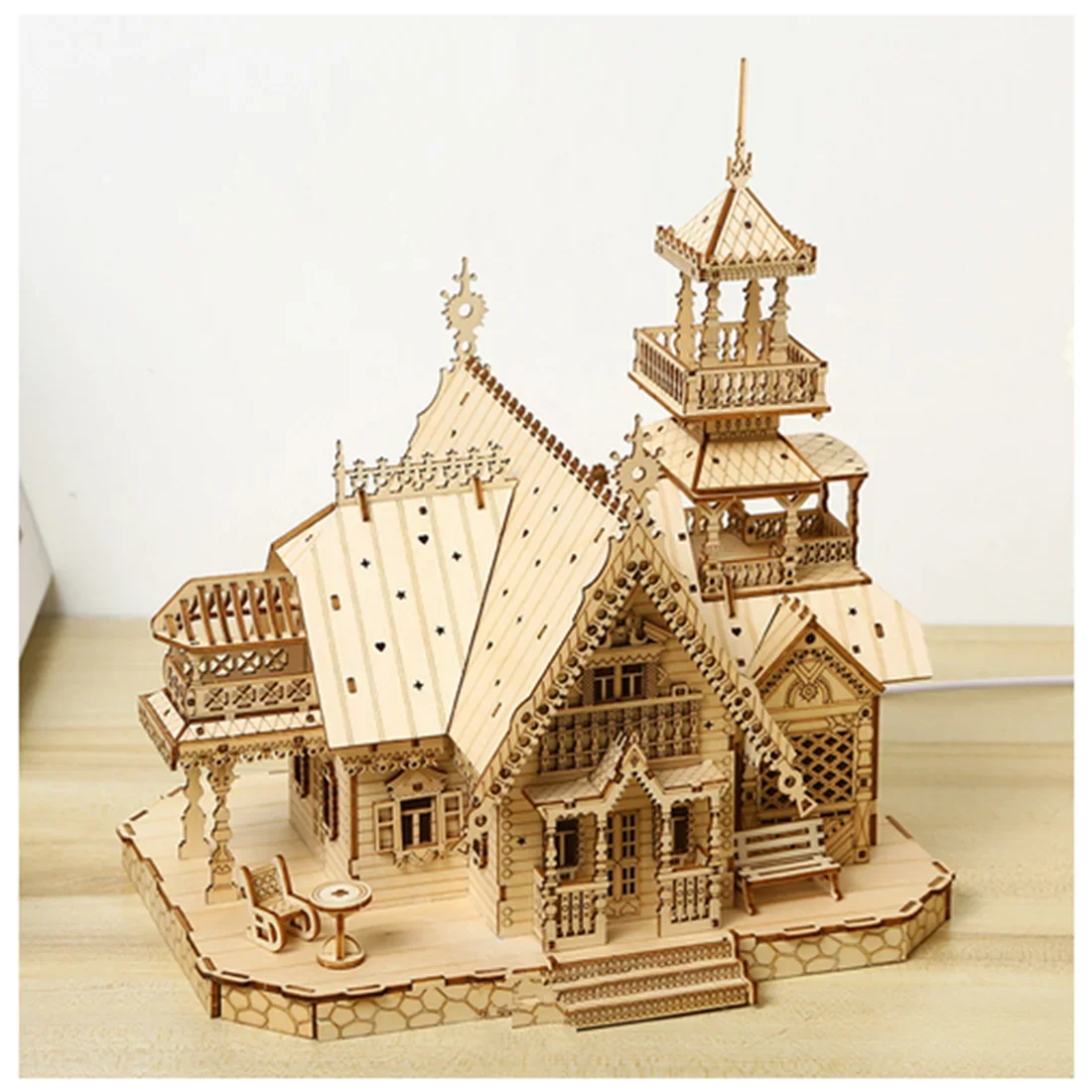 Modelli di case puzzle in legno 3D Villa House Castello reale con luce Giocattolo di assemblaggio fai-da-te per bambini Kit modello per adulti Regalo da scrivania