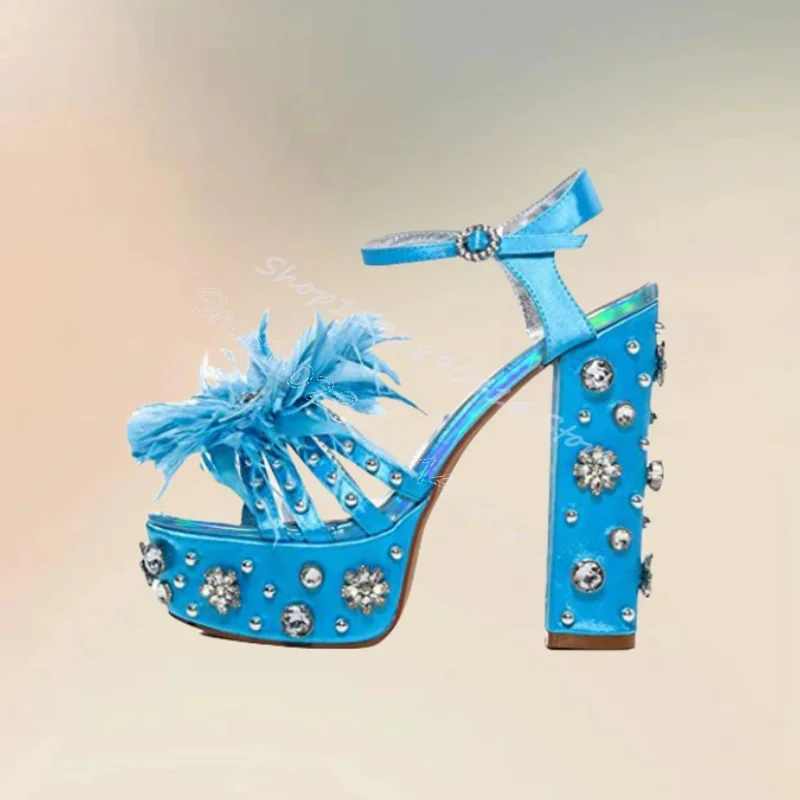 

White Black Feather Crystal Decor Platform Sandals Buckle Strap Women Shoes Chunky High Heels Banquet 2025 Zapatos Para Mujere