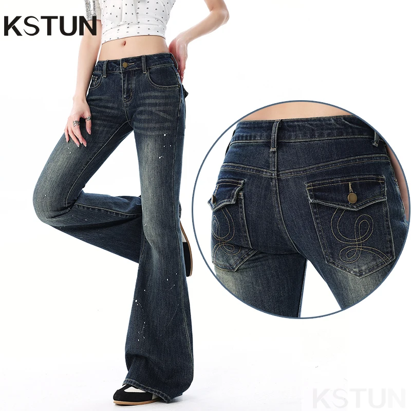 

American High Street Spicy Girls Low Waist Jeans Women Vintage Design Sense Slim Fit Micro Flare Pants Painted Pattern Pockets