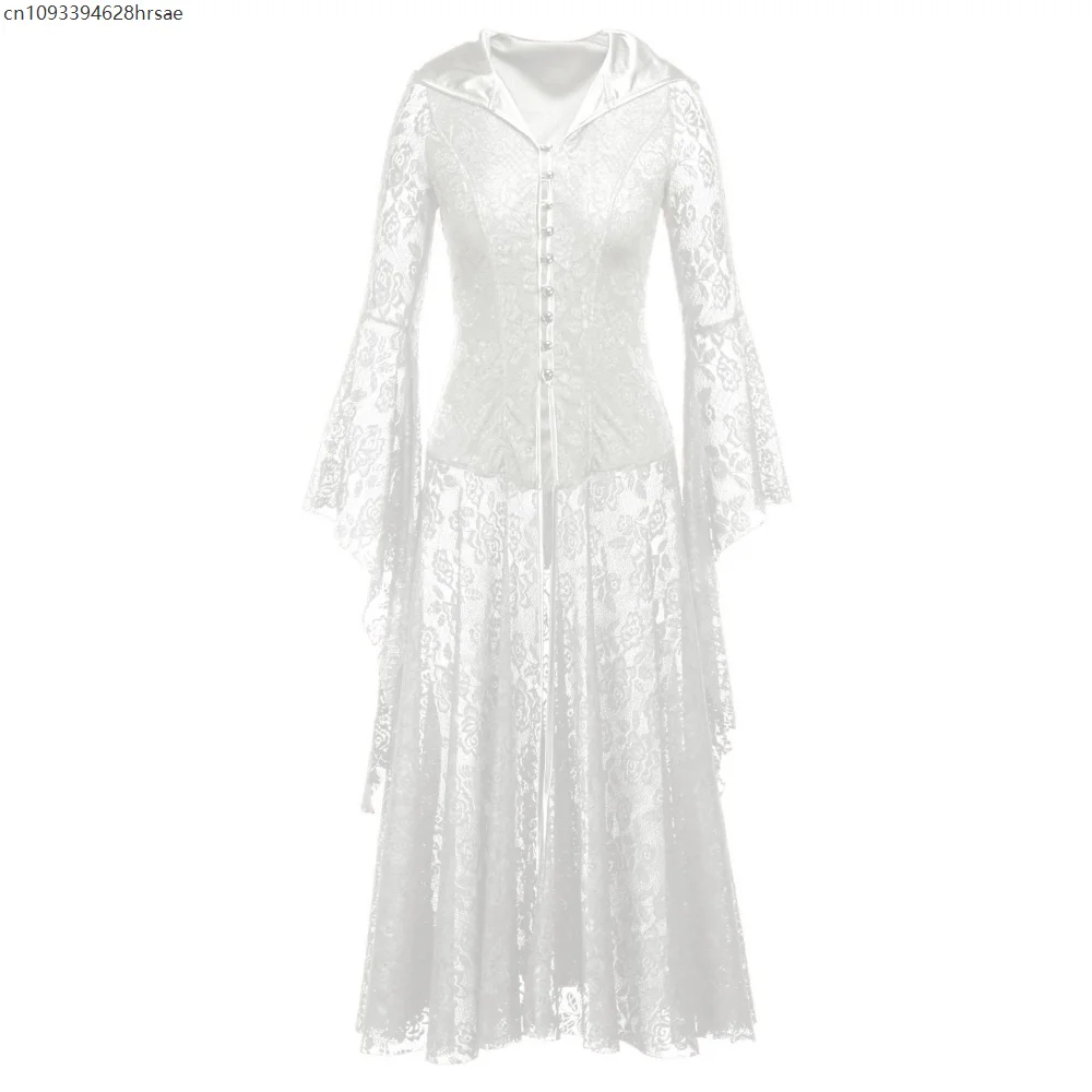 Halloween Hooded Black Lace Gothic Clothes Lolita Dresses for Women Flare Sleeve Lace-Up Back Medieval Vintage Maxi Dress