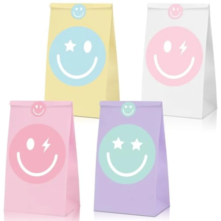 

24Pcs Preppy Party Favor Pastel Smile Face Goodie Bags with Stickers Smile Face Gift Candy Paper Bags Pastel Color Rainbow Part