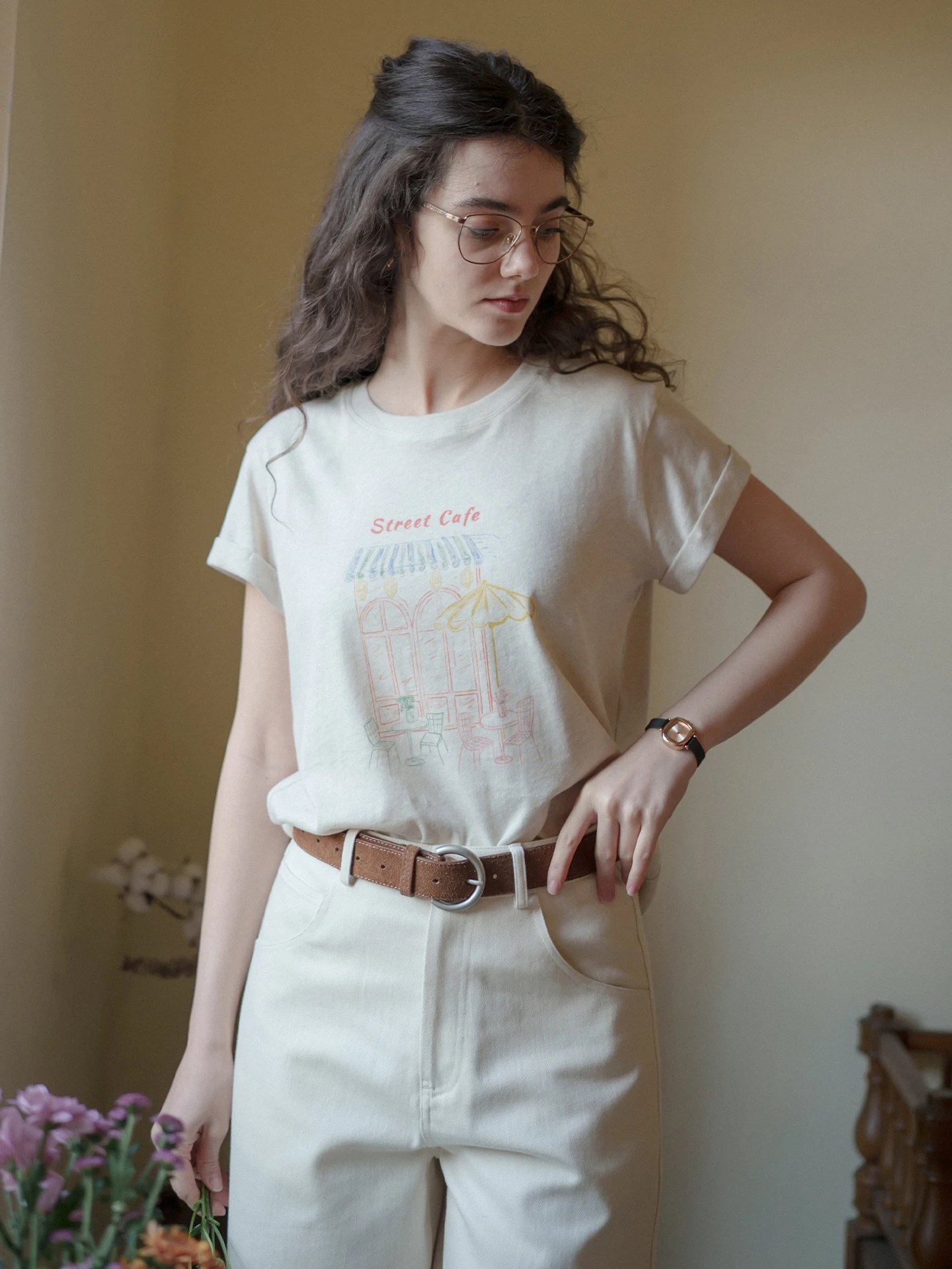 

Loose Fit Plant Dye Cotton Short Sleeve T-Shirt round Neck Vintage Letter Print Top Women's French Style Breathable Summer Tee