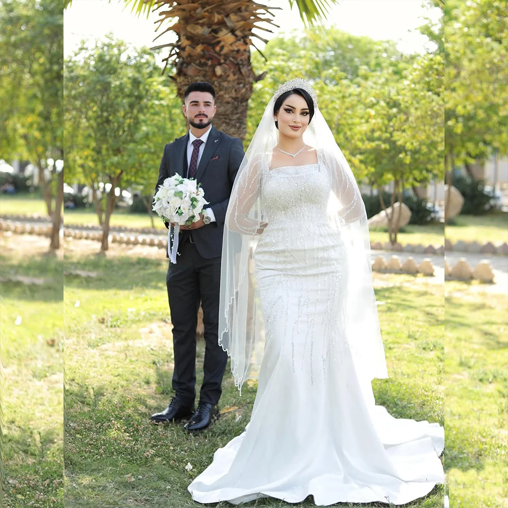 

Elegant Wedding Dresses Square Collar Illusion Sleeve Mermaid Sweep Train Bride Dress with Sequined Bridal Gown Customized