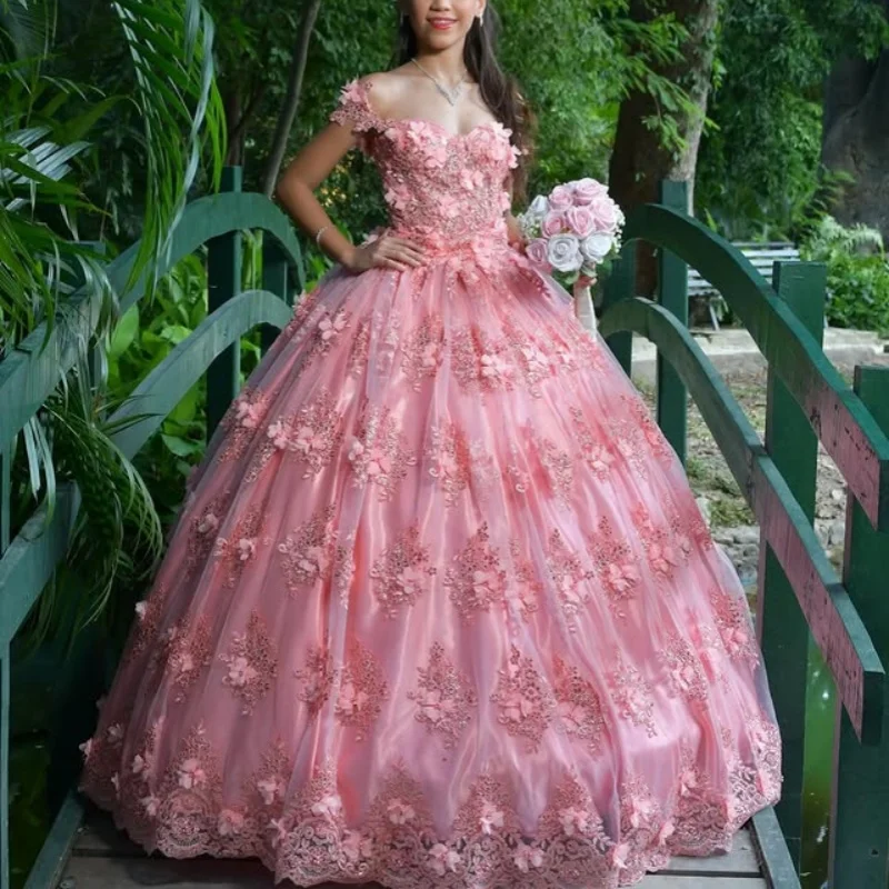 

Pink Quinceanera Dress off-shoulder glitter Crystal decal Lace 3D Flower Long tail vestidos de 15 Quinceanera ﻿Customize