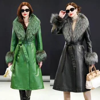 Image 2023New Thickened Leather Coat Fur Collar Long Cotton Coat  Large Size Imitation Fox Hair Fashion High Grade Casual Leather Coat