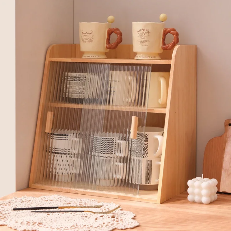 Log Wind Tea Set Storage Restaurant Dustproof Storage Cabinet Trapezoidal Multi-layer Meal Side Cabinet Visual Design Cup Holder