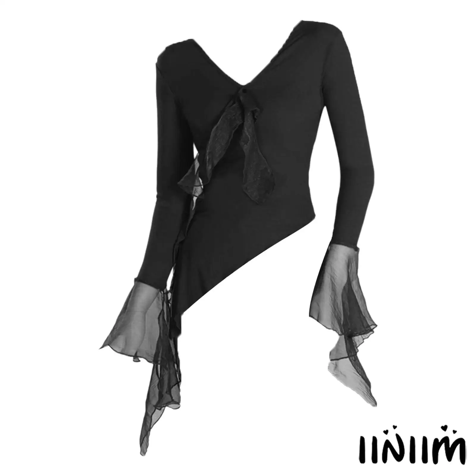 

Womens Lyrical Yoga Dance T-shirt Top Irregular Ruffled Mesh Long Sleeve Asymmetrical Hem Blouse Top for Gymnastics Ballet Dance