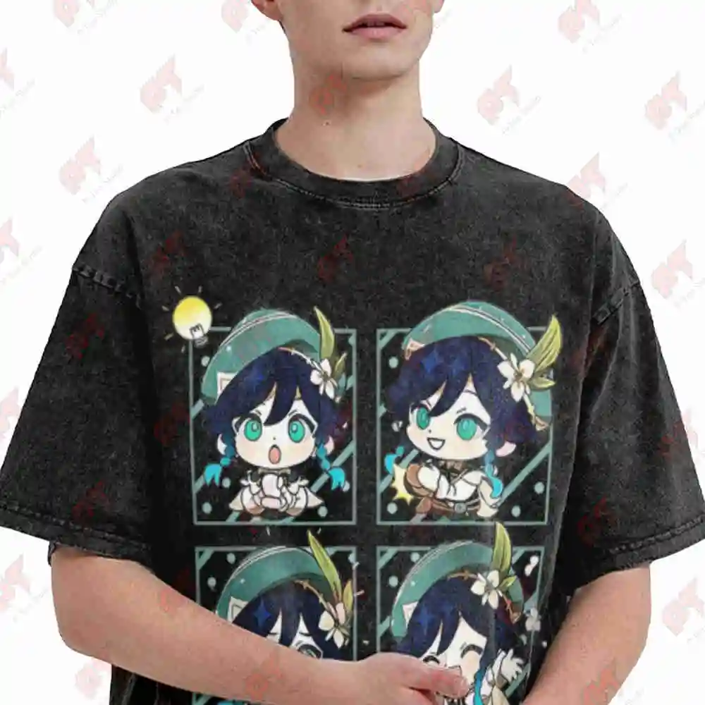 Genshin Impact Anime Characters Diluc Kaeya Vintage Washed Tee Pure Cotton T-Shirt