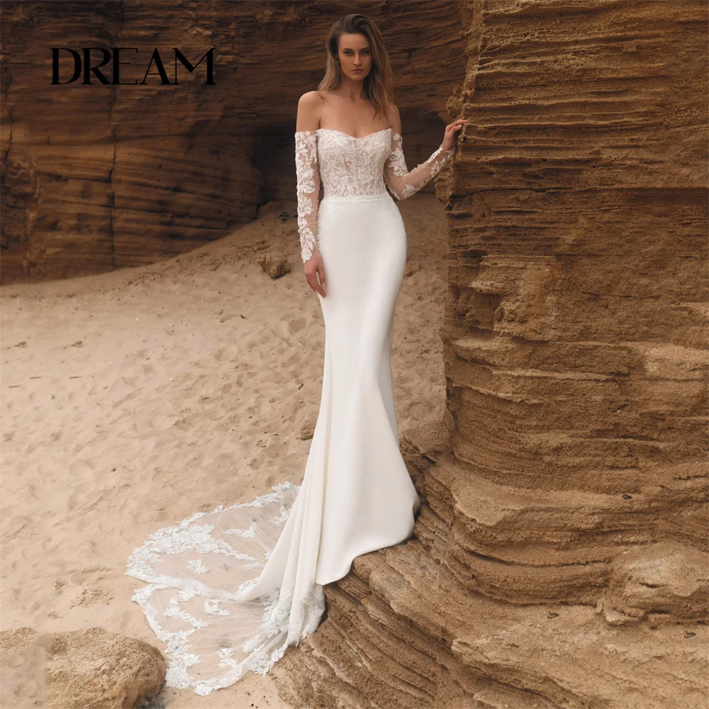 

DREAM Modern Lace Mermaid Wedding Dress V-Neck Appliqued Long Sleeve Off The Shoulder Bridal Gown Vestidos De Noiva Customized