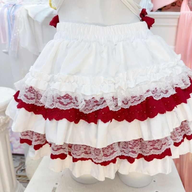 New Coquette Sweet Lolita Short Sleeve Dress Women Lace Trim Heart Strawberry Bow Ruched Waist Slim Fit Mini Dress Elegant Party view 6