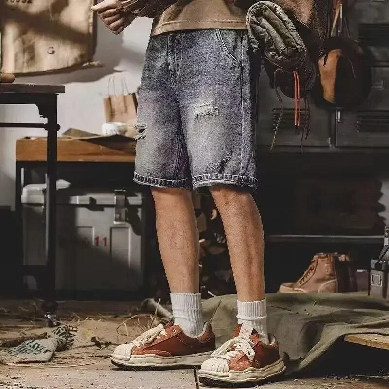 Pop Summer Men's Washed Light Blue Hole Patched Jeans Shorts Loose Plus Size Straight Knee Length Denim Shorts Male Streetwear J