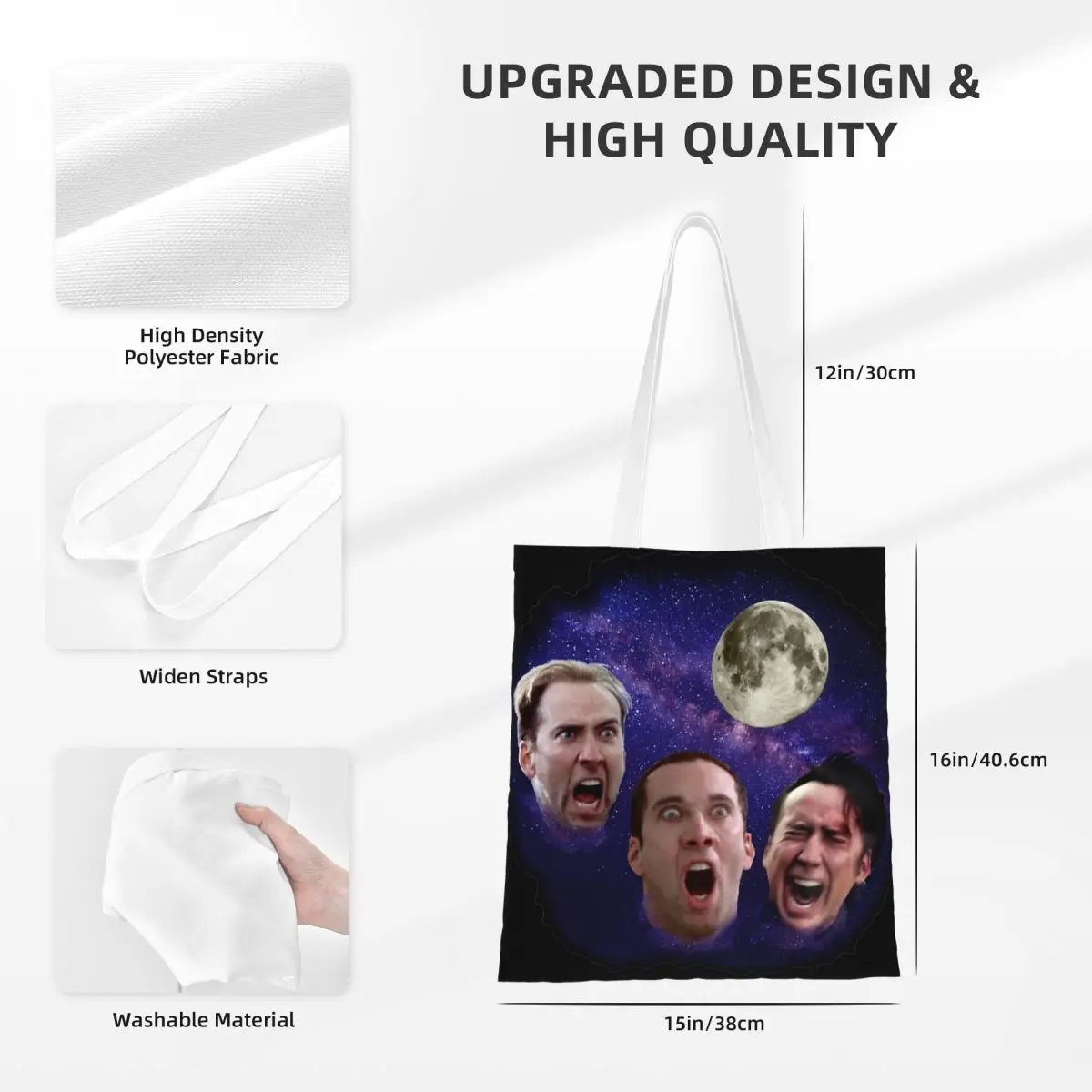 Nicolas Cage Moon Meme sacolas femininas, bolsa de lona, bolsa de ombro, bolsa de compras casual