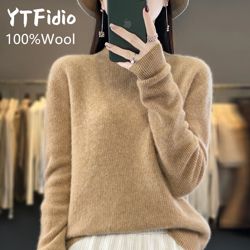 YTFidio 100% Wool Women Half High Collar Solid Slim Tops Outerwears Knitted Pullover Office Lady Solid Elastic Pullover 90