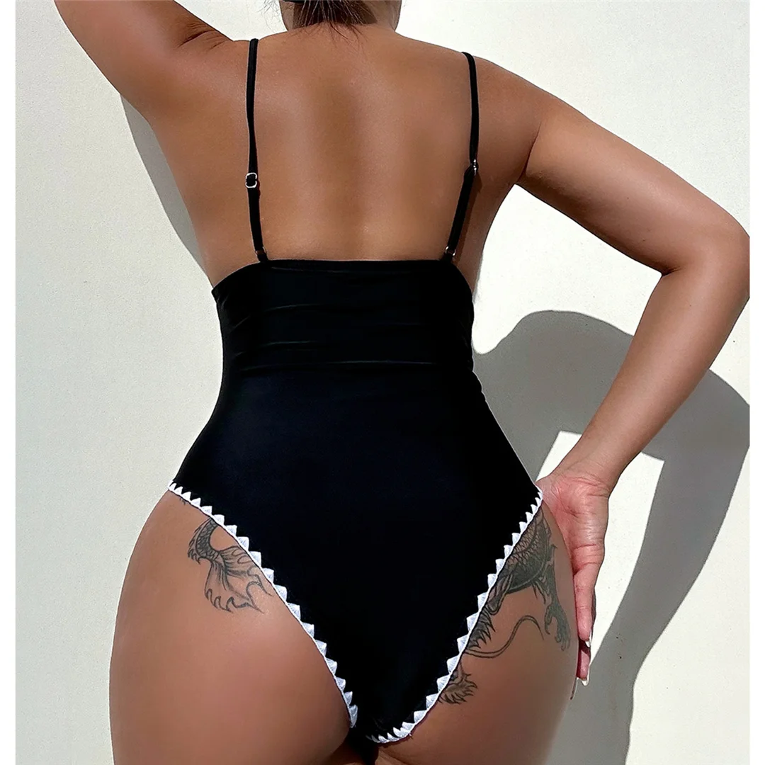Neuer, verführerischer Badeanzug für Damen mit V-Ausschnitt, offenem Rücken und Polsterung, einteiliger Badeanzug, hoch geschnittene Beine, Monokini, Badebekleidung, Modell V4968. – Detail 8