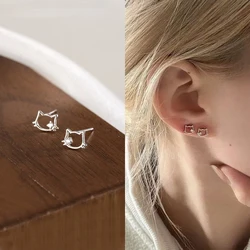 Korean Fashion Simple Small Zirconic Cute Hollow Cat Stud Earrings For Women Girls Playful Versatile Lover's Gifts Party Jewelry