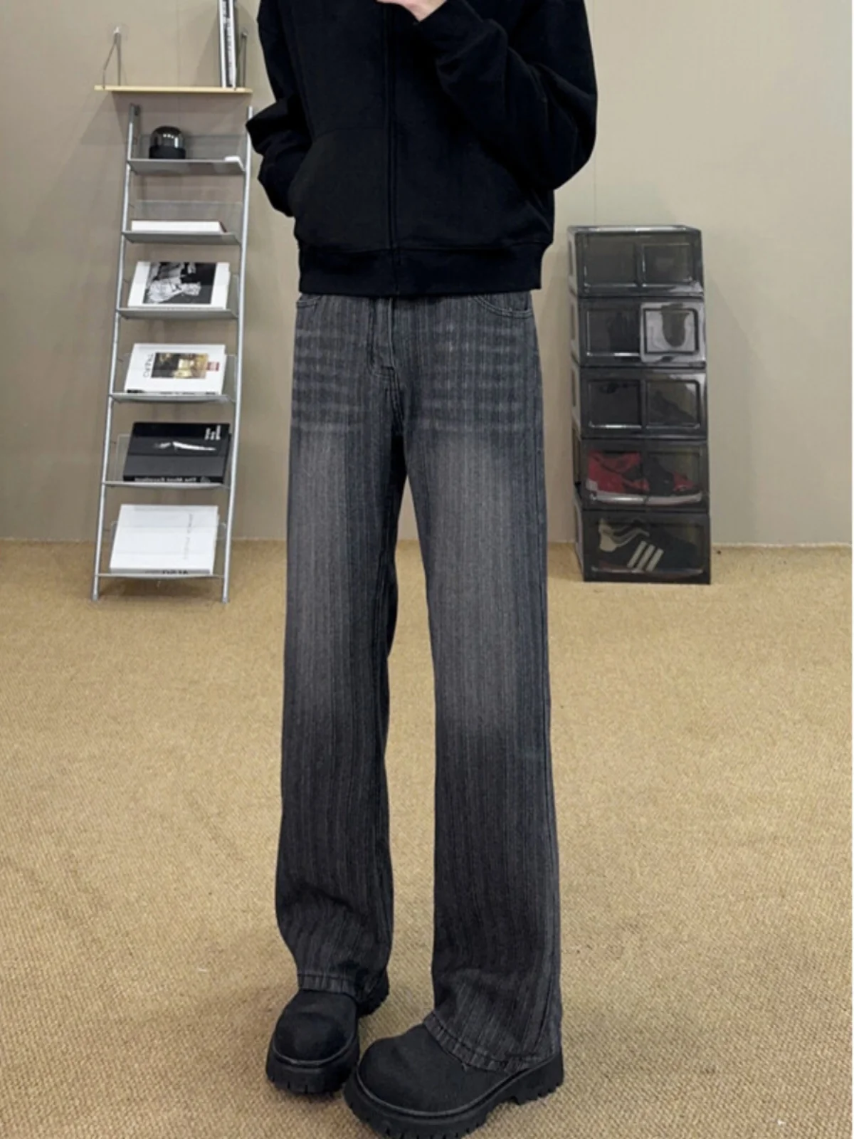 

Bla Bamboo Texture Men's Jeans Straight Leg American Retro Workwear Trousers Cleanfit Cool Teenage Cotton Polyester Blend