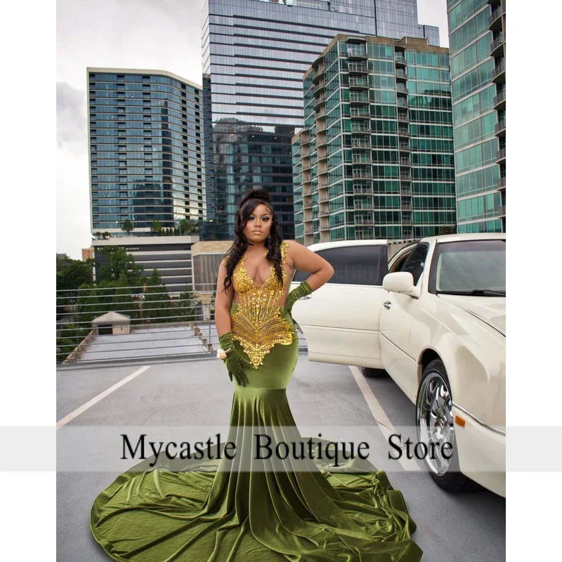カスタマイズされたキラキラグリーンのプロムドレス 2026 黒人女の子用 ゴールドダイヤモンドビーズクリスタルスパンコール誕生日パーティードレス 0
