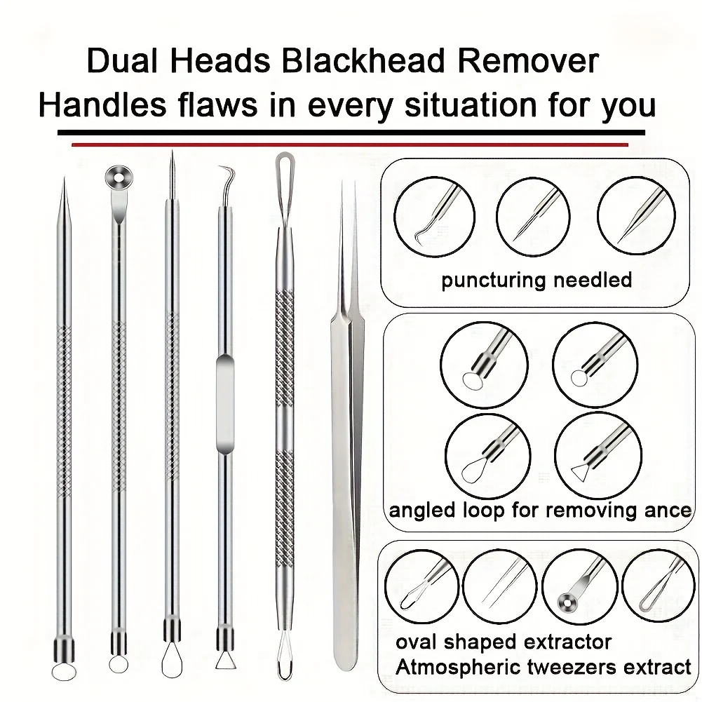 Aço inoxidável Acne Clipe Blackhead Remoção Tool Set-Pinças, Beleza Ferramenta Agulha Facial, 6 pcs por conjunto