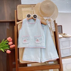 Children's Clothing Sets Cute Lace Embroidered Denim Sleeveless Top with Wide-leg Pants 2pcs Sets Toddler Girl Clothes