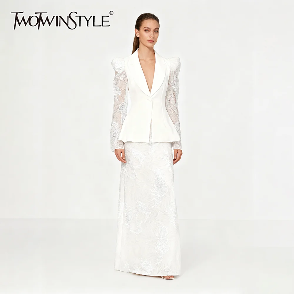 

TWOTWINSTYLE комплекты из двух предметов с вышивкой для женщин, пиджак с длинными рукавами и лацканами, юбка с высокой талией, лоскутный комплект с блестками, женский комплект