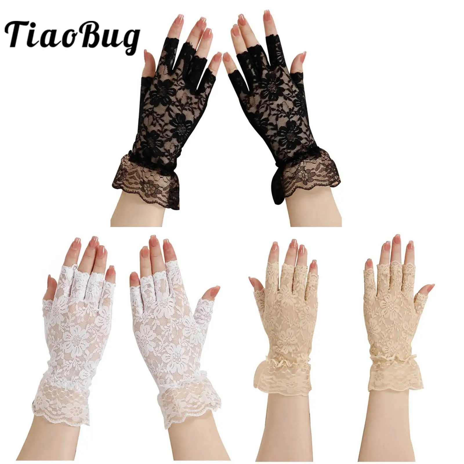 Gants en dentelle florale demi-doigt pour femmes, gants pour patients, accessoires vestisens, costume de cérémonie de la mariée, fête de mariage, banquet, 1 paire