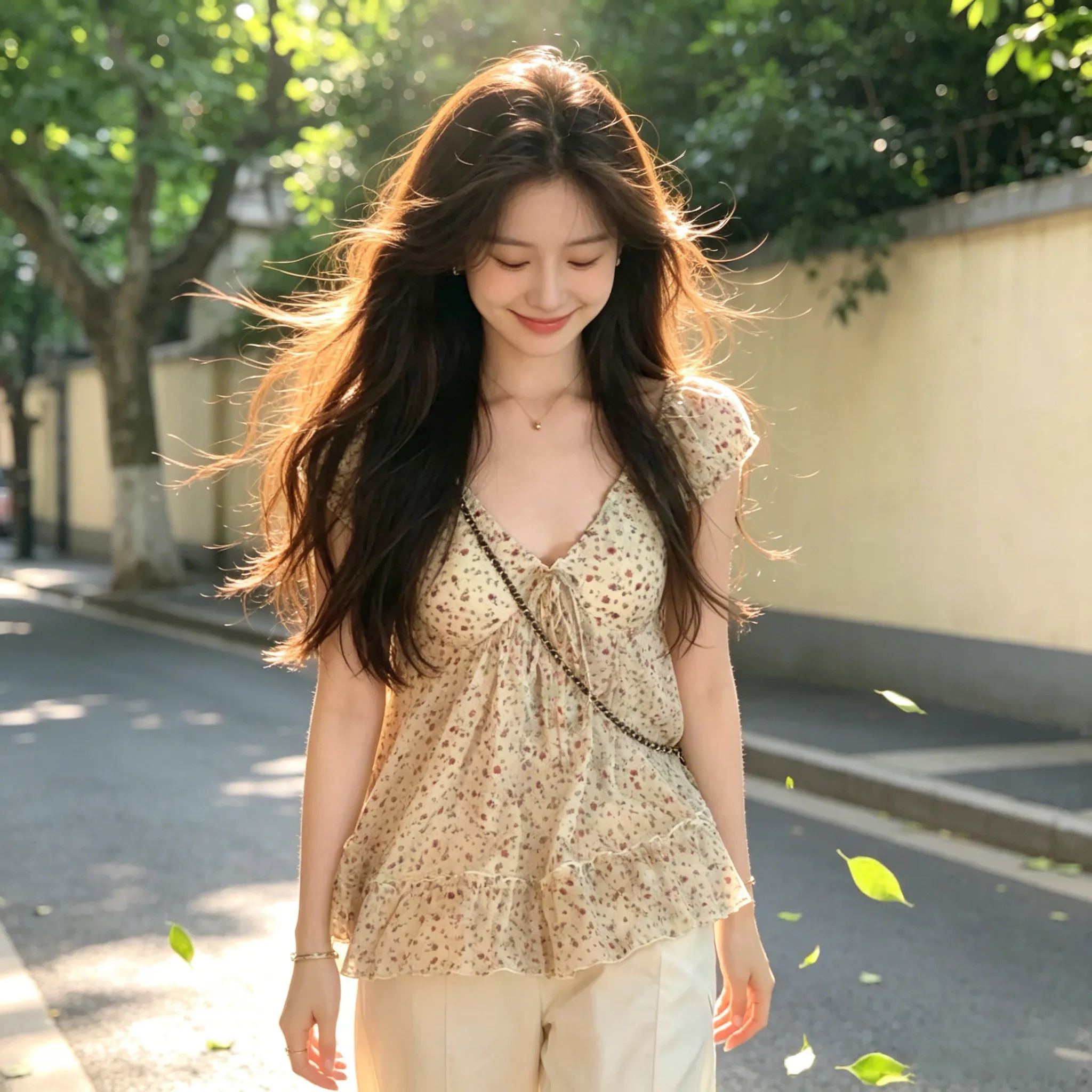 

Summer Floral Print Short Sleeve V-Neck Waist-Cinched Doll Shirt Gentle Wind Knot Unique Beautiful Korean Style Women's Blouse