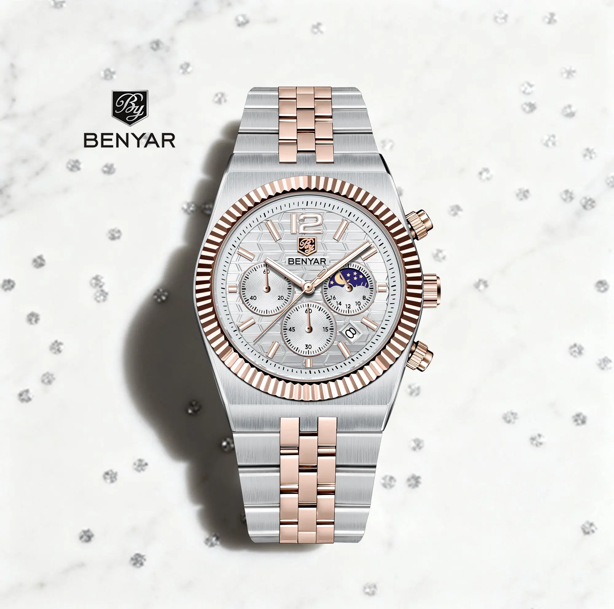 

BENYAR New 2026 Men Quartz Watch 40mm Low-Key Luxury Temperament Stainless Steel Small Three-Pin Moon Phase Calendar Chronograph