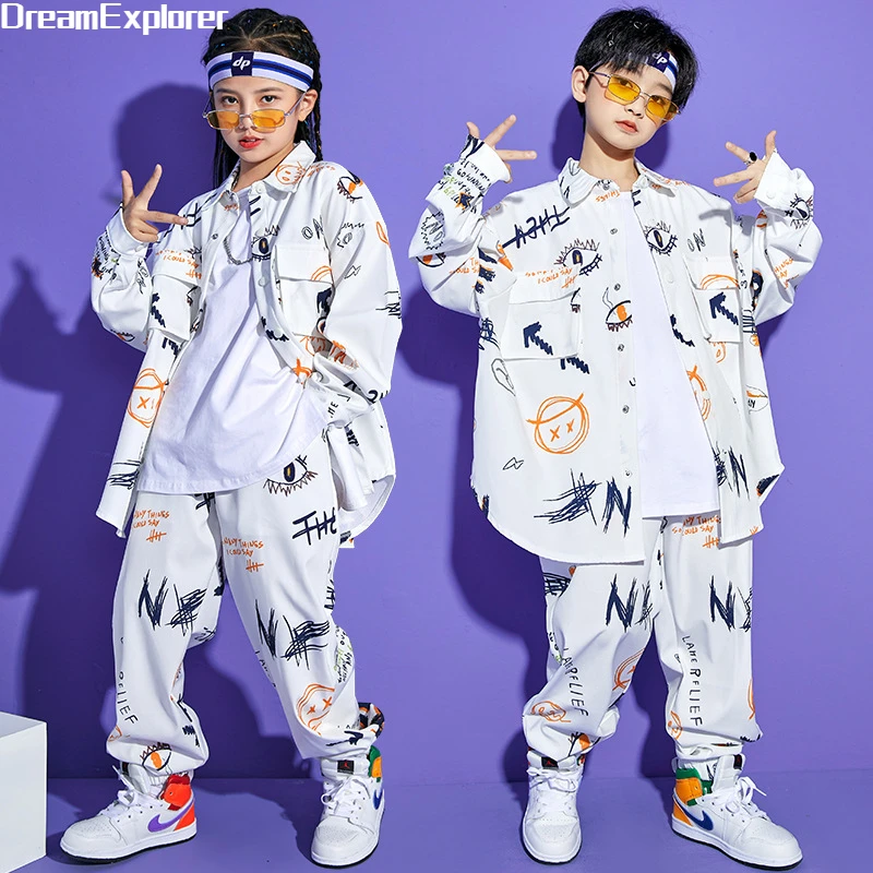 Boys Street Dance Long Sleeve Graffiti Jacket Loose Joggers Girl Hip Hop Cool Shirt Print Sweatpants Clothes Set Kids Streetwear