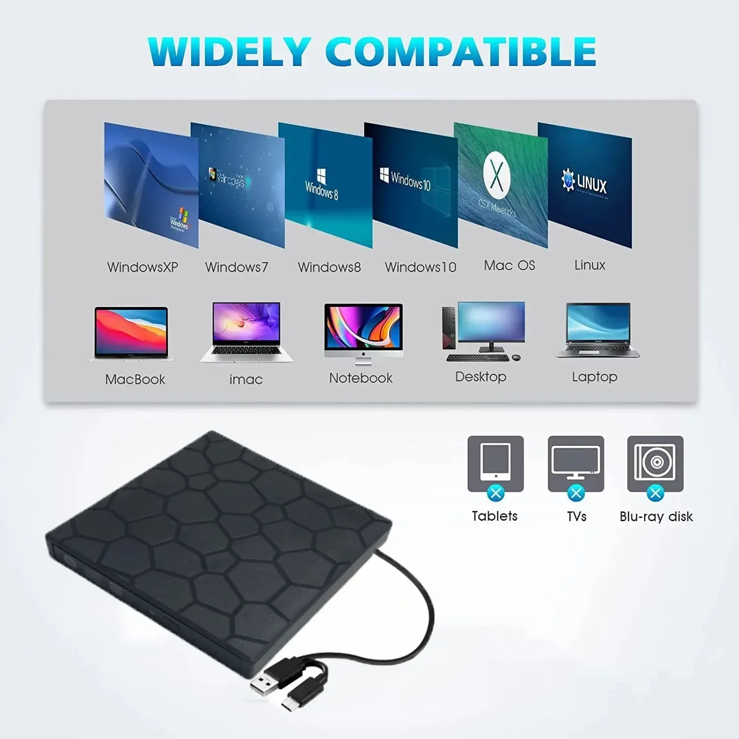 7 em 1 USB 3.0 Tipo C Unidade de CD/DVD Externa Leitor Portátil Escritor Unidade de Disco Óptico Queimador de CD para Desktop Mac Windows Linux