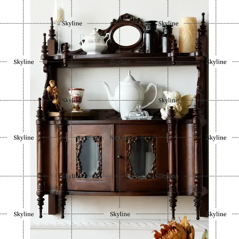 Retro Solid Wood Wall Mounted Locker Multi Layer Storage Rack Antique Decorative Cabinet for Living Room Dining Room