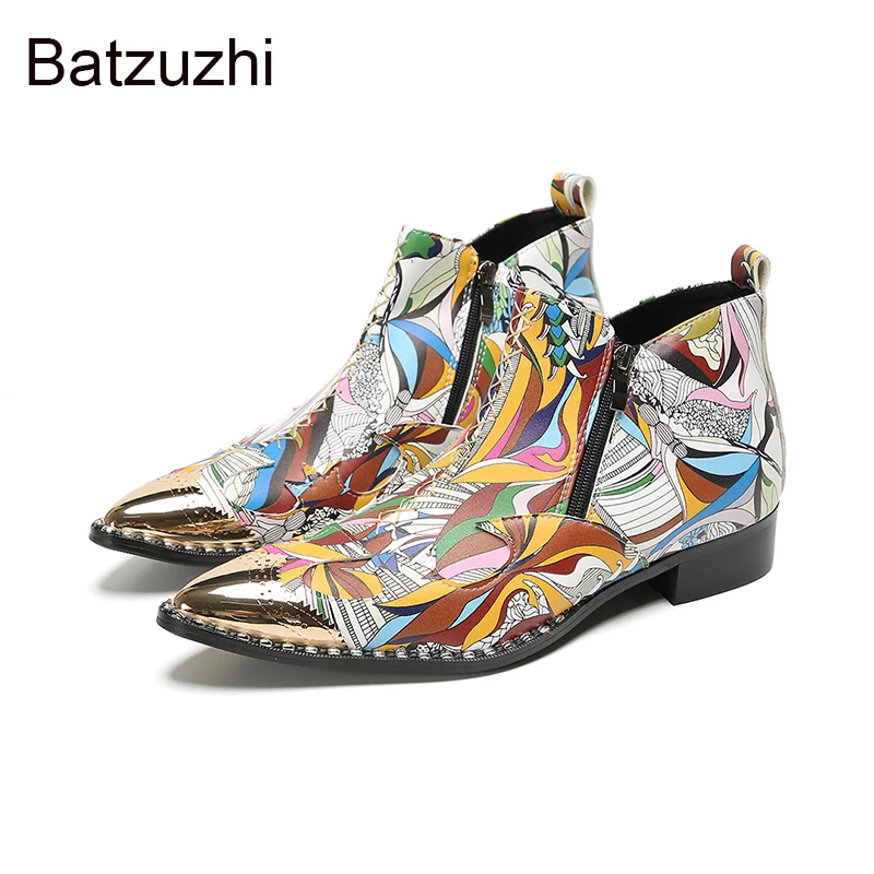 

Batzuzhi New Designer's Men Boots Pointed Iron Toe Color Leather Ankle Boots for Man Low Heels Fashion Party/Wedding Boots Male!