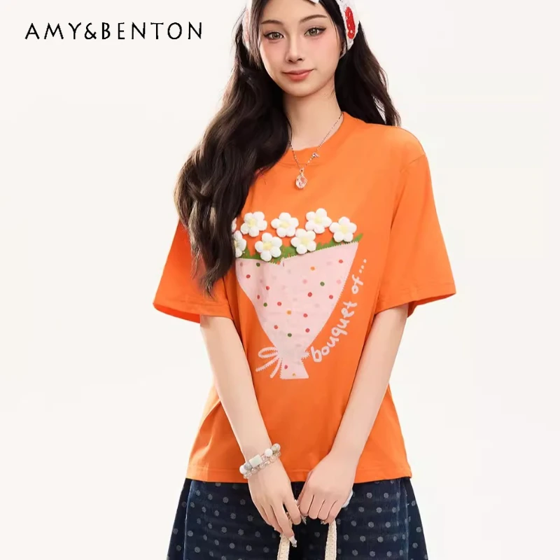 

Яркая женская футболка с 3D-вышивкой цветов, короткий рукав, японский дизайн, омолаживающий эффект, свободный крой, универсальная модель