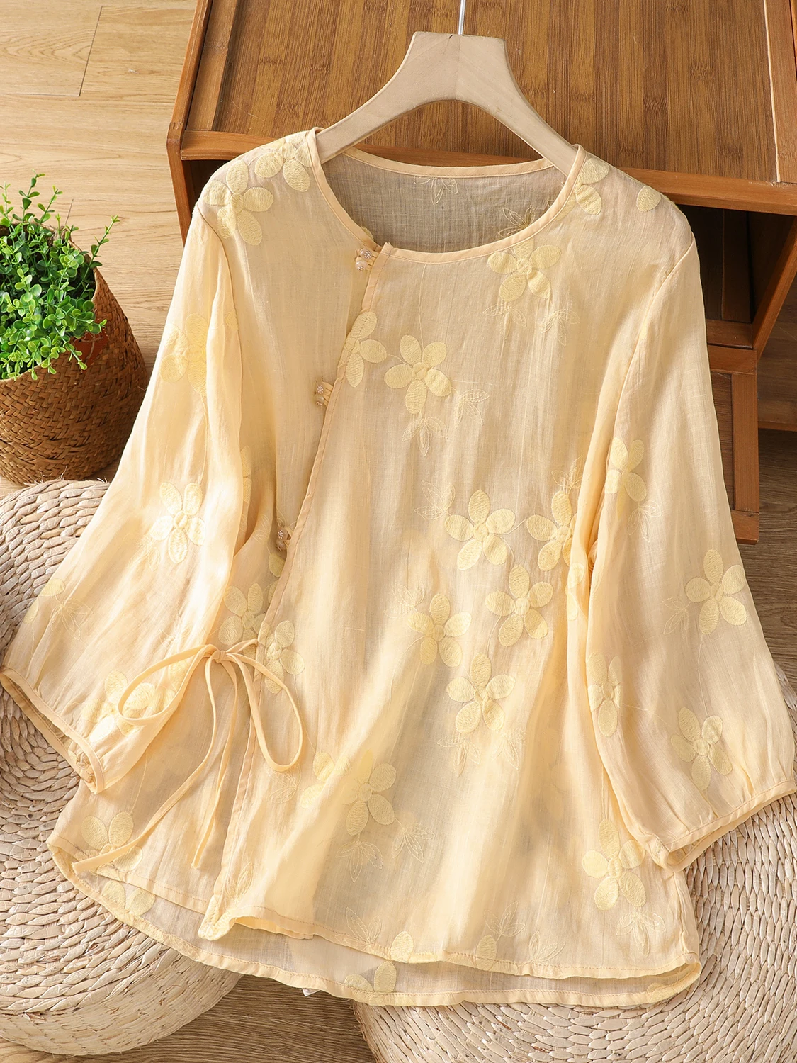 Top de verano de algodón redondo Ne Seven Sve para mujer, transpirable, bordado fino, irt, talla grande, cómodo, holgado, para ir al trabajo