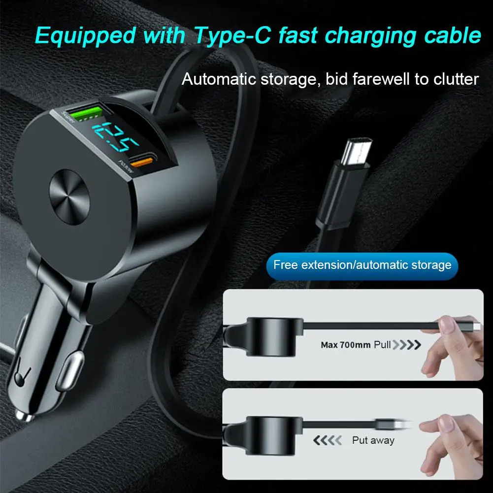 30w Car Charger With Digital Display Retractable Cable Cigarette Power Charging Car Charger Adapter Fast Lighter O9c7