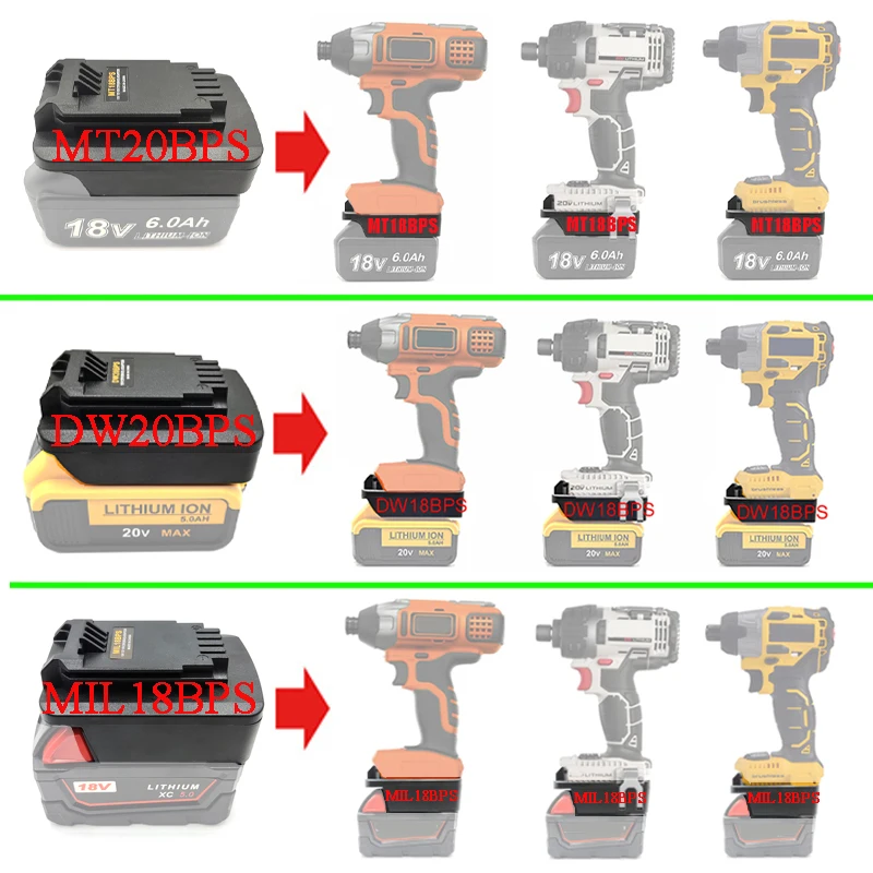 Adaptador conversor para Black Decker, Porter cabo, Stanley, DeWalt, Makita, Milwaukee, MT18BPS, DW20BPS, MIL18BPS