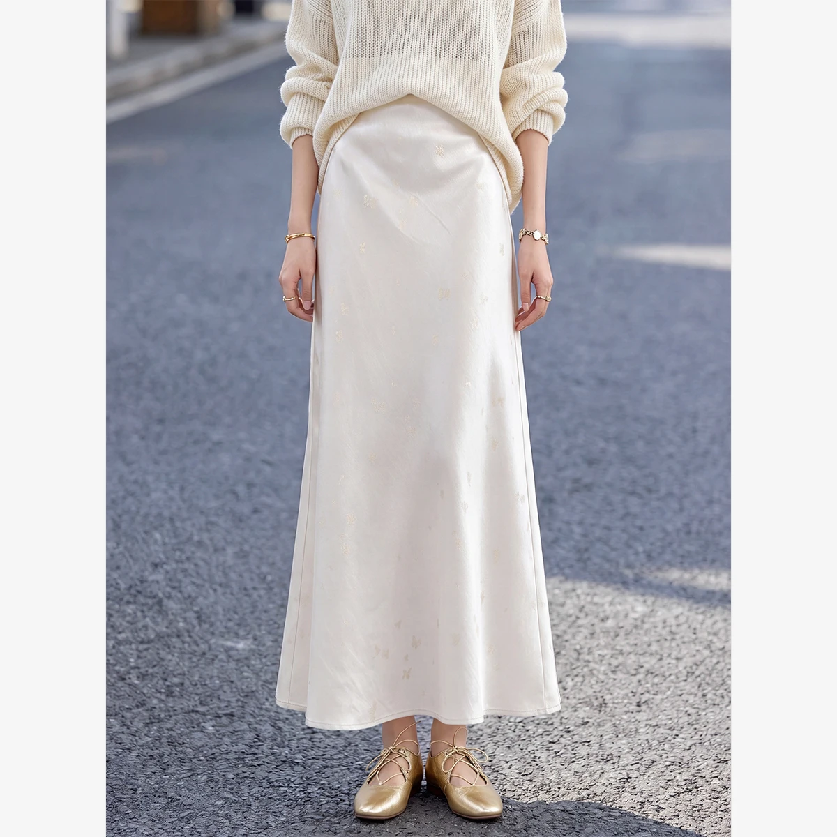 VIMLY French Elegant Midi Skirt for Women Butterfly Gold Foil Flowy Satin Mermaid Long Skirt 2026 Autumn Female Clothing 31686