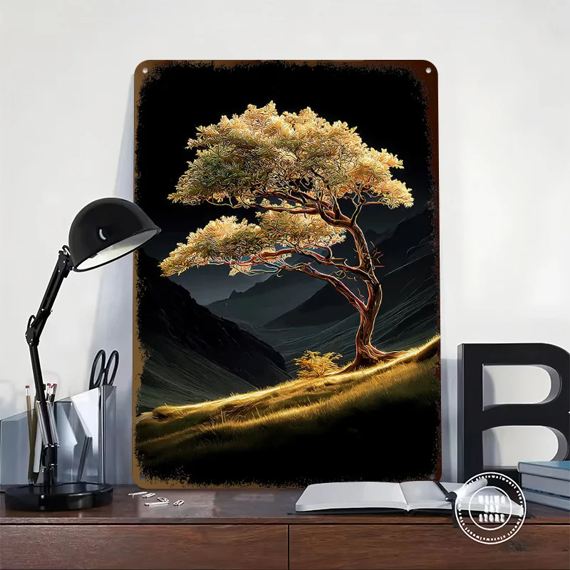 Golden Tree in Mountain Valley Tin Poster Customized Wall Art Retro Vintage Metal Signs for Fans Room Home Decorations Interior