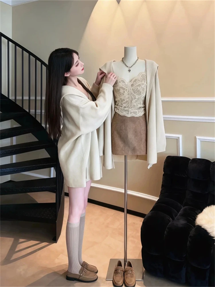 

Korean Style Lazy Fashion Knitted Lace Vest And Skirt Set Women's Clothing Long Sleeve V-Neck High Waist Winter Outfit