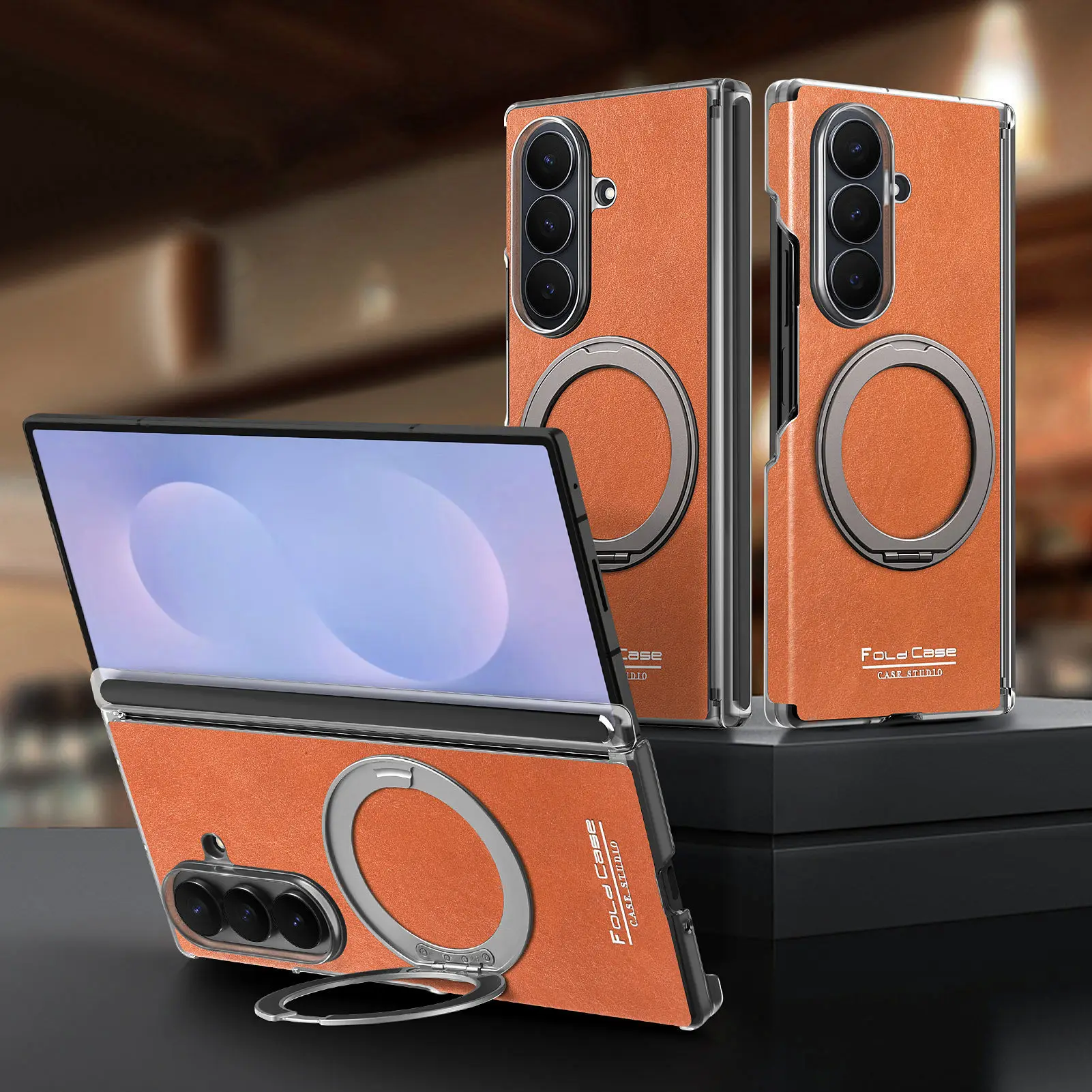 360° Drehbarer Ringhalter Retro Leder Handyhülle für Samsung Galaxy Z Fold 7 6 5 Magnetische Kabellose Ladefunktion Stoßfeste Abdeckung