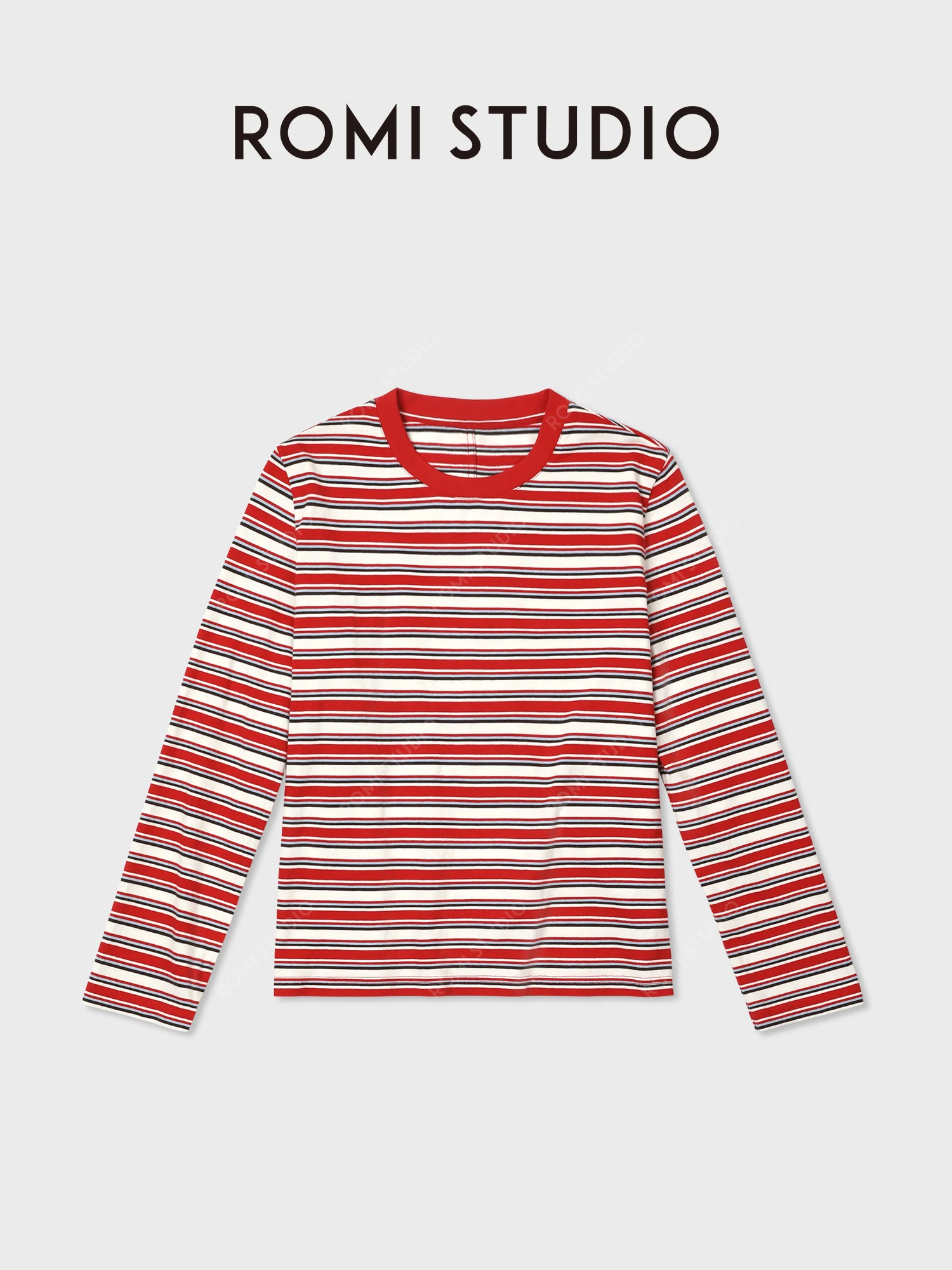 Loose Long Sleeve T-Shirt American Style Color Block Striped Women's  Shirt Cotton round Neck Short Length RWDASD4754