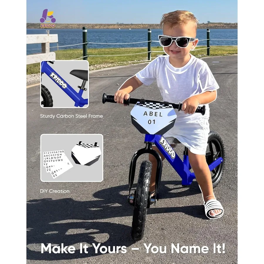 幼児用バランスバイク 2歳、18ヶ月から5歳向け、12インチのプッシュバイク、カスタマイズプレート付き（ステッカー3セット付属）