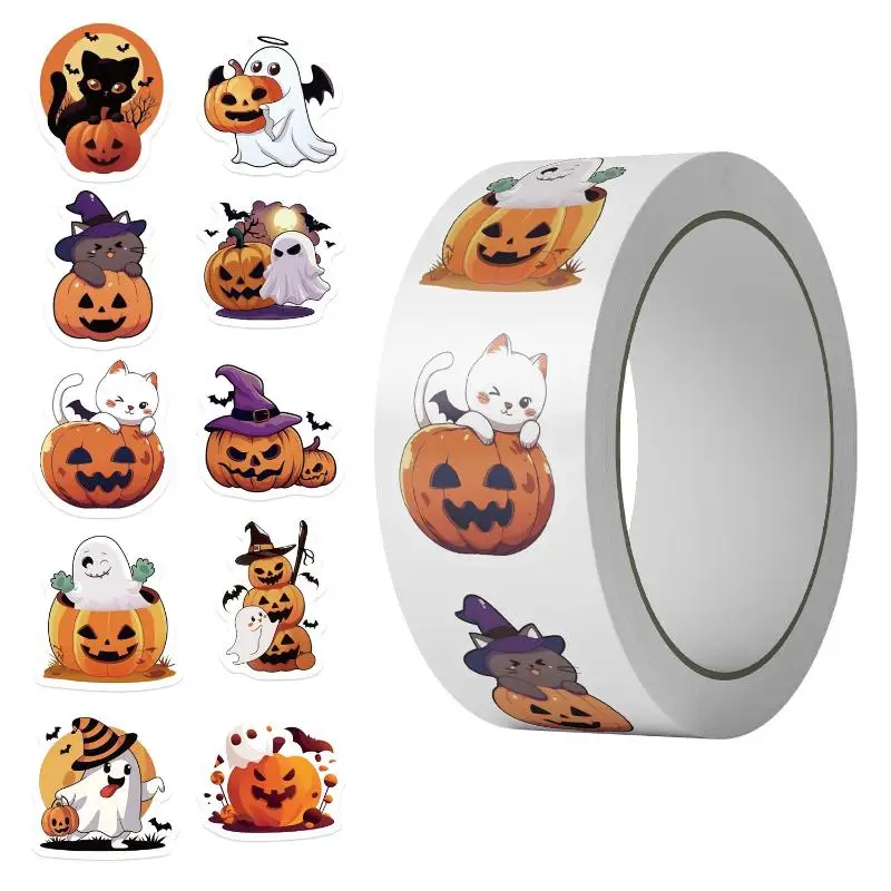 500Pcs/Roll Halloween Pumpkin Cat Ghost Stickers For DIY Journaling Laptop Envelope Scrapbook Car Motorcycle Decal Reward Gift